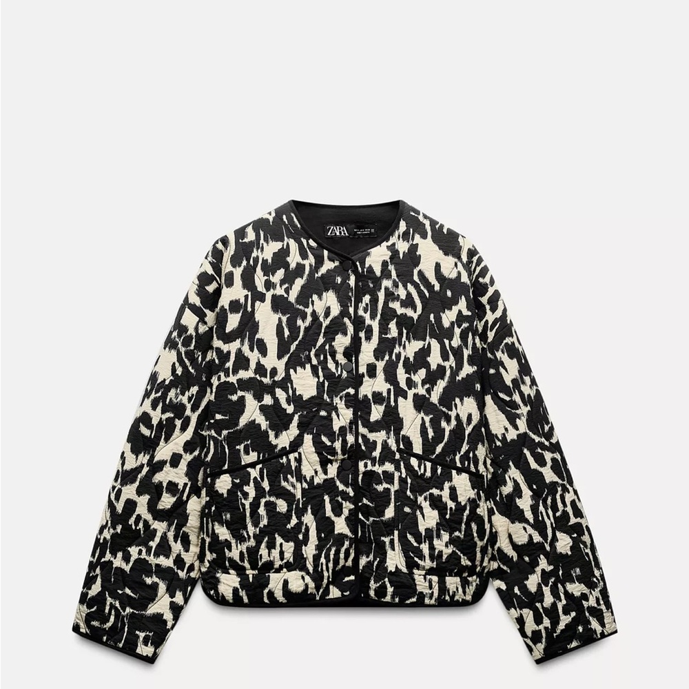 ZARA Black & Cream Animal-Print Quilted Jacket